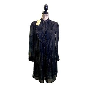 Anthropologie Shirt Dress with Black Button Up Lurex Metallic Ruffle Sleeve